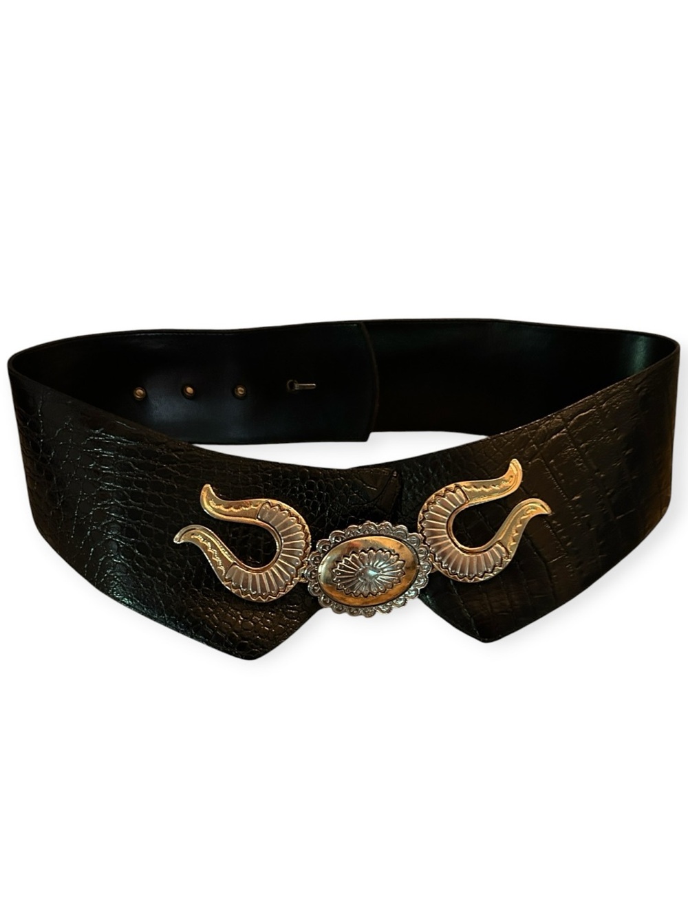 Wide Black Croc Embossed Statement Belt w/ Large Silver Gold Tone Center Buckle - Picture 2 of 4